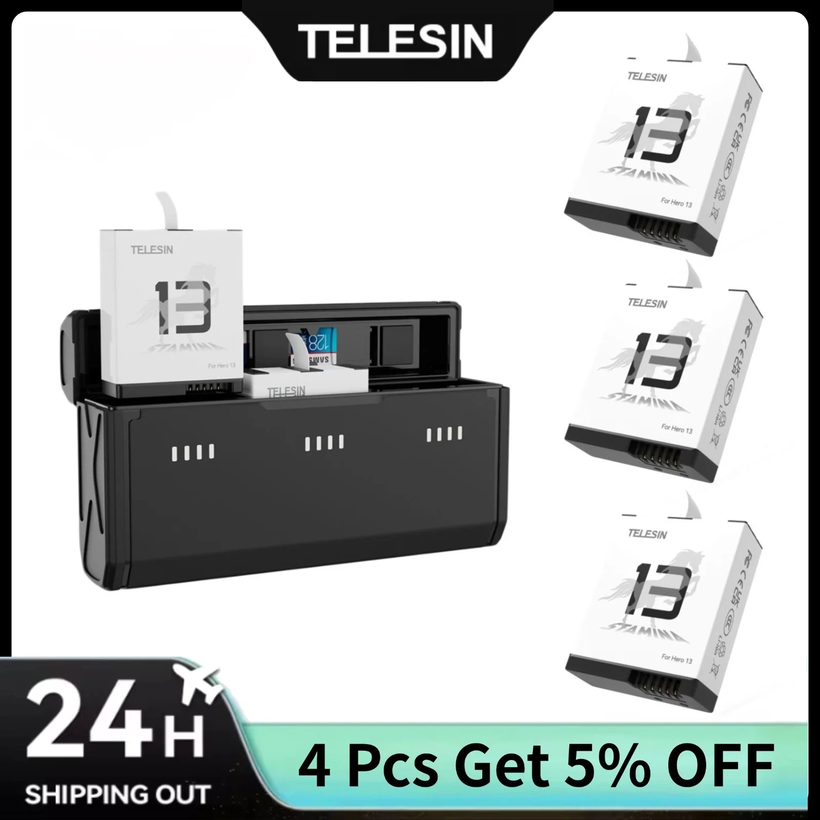 Gopro Action Camera Hero 13 Black - TELESIN Tragbare Schnellladebox und Ausdauer-Akku-Set für