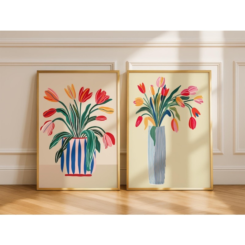 Photography Design - 2 Stück Tulpenblumen-Leinwand-Wandkunst, ungerahmte moderne Blumenvasen-Drucke,